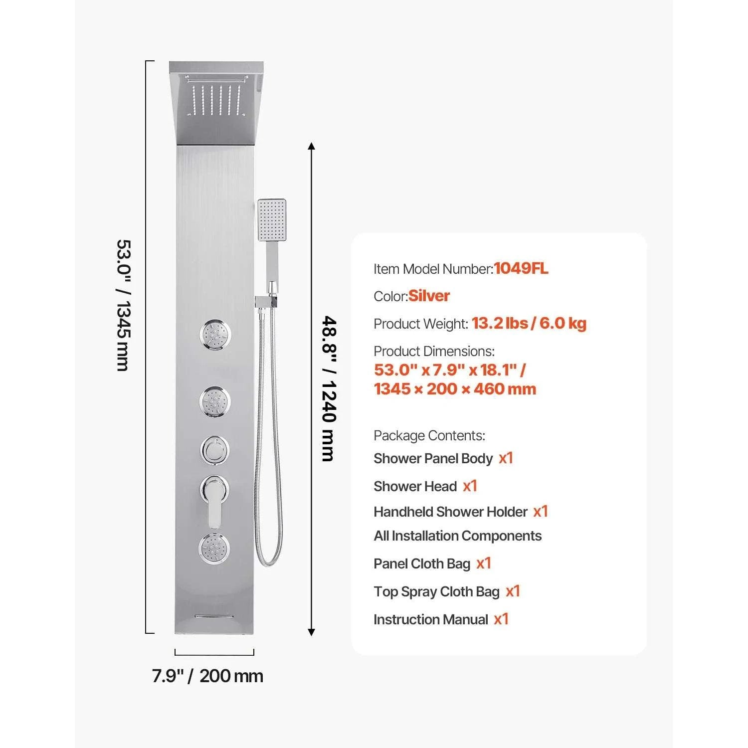 5 Function LED Shower Panel Tower with Waterfall Head Stainless Steel-5Outlet / United States
