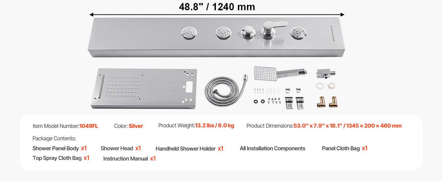5 Function LED Shower Panel Tower with Waterfall Head Stainless Steel-5Outlet / United States