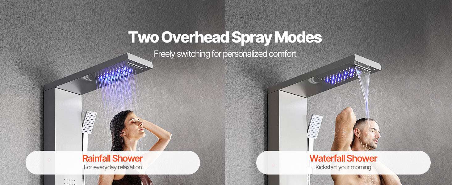 5 Function LED Shower Panel Tower with Waterfall Head Stainless Steel-5Outlet / United States