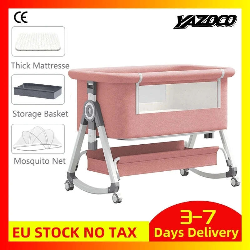 5-in-1 Baby Crib with Adjustable Height, Rocking Mode, Mosquito Net and Storage-Baby bed goldgrey