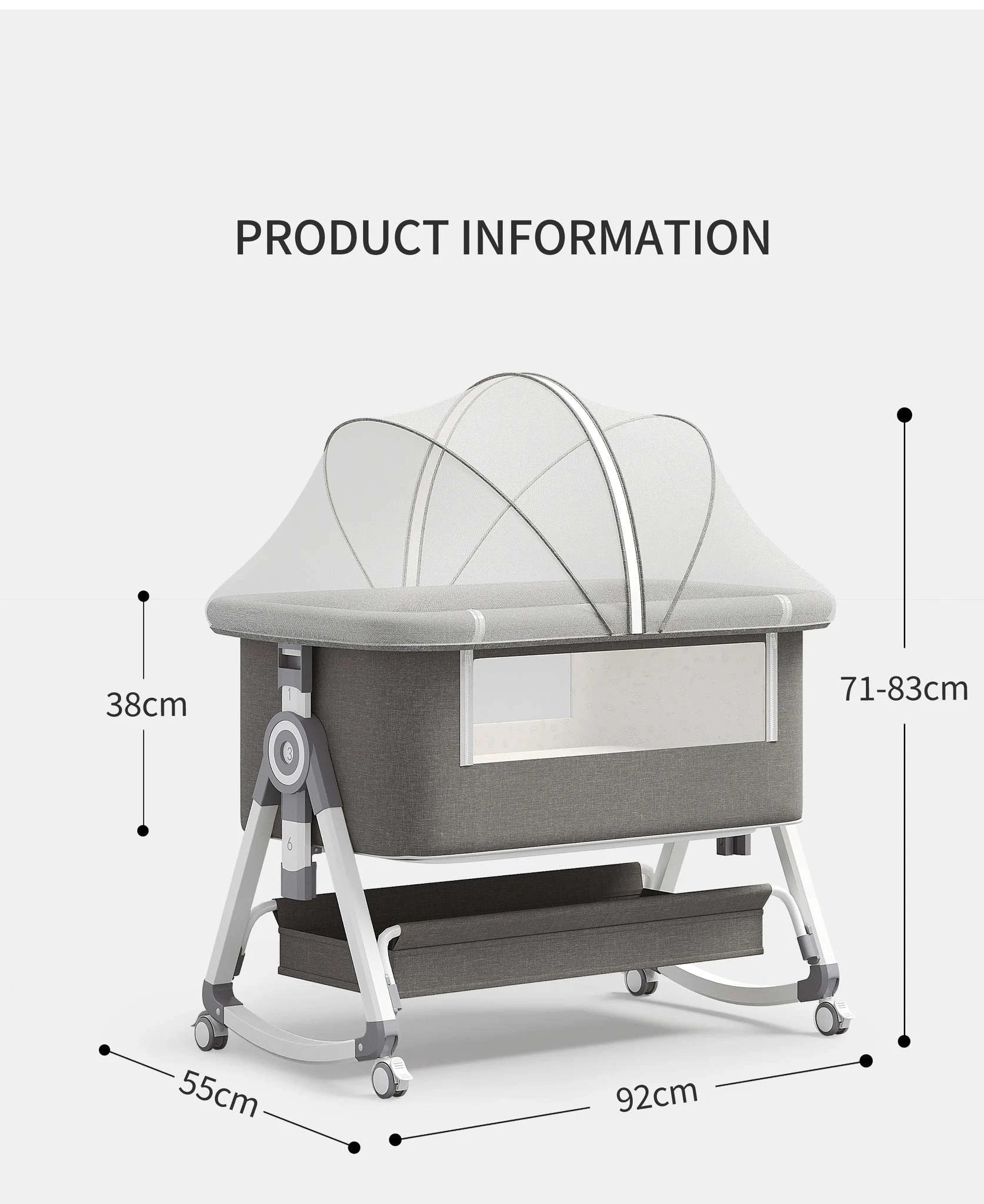 5-in-1 Baby Crib with Adjustable Height, Rocking Mode, Mosquito Net and Storage-Baby bed goldgrey