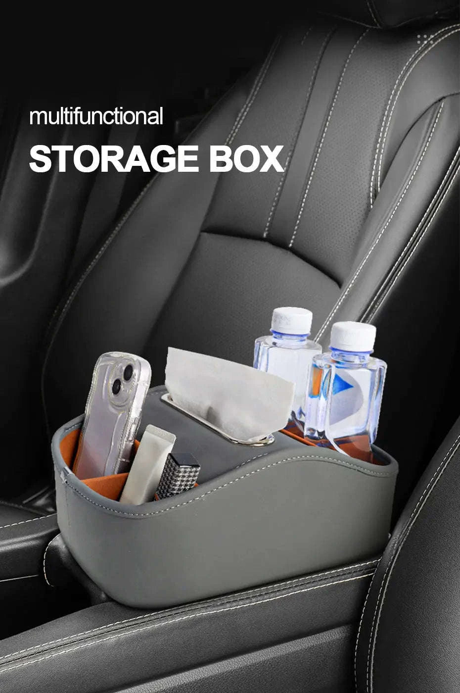 5 in 1 Car Center Console Armrest Storage Box with Tissue Holder and Cup Holder-Black 1pc