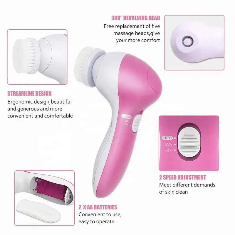 5-in-1 Electric Facial Cleansing Brush for Deep Clean & Blackhead Removal-United States / Pink