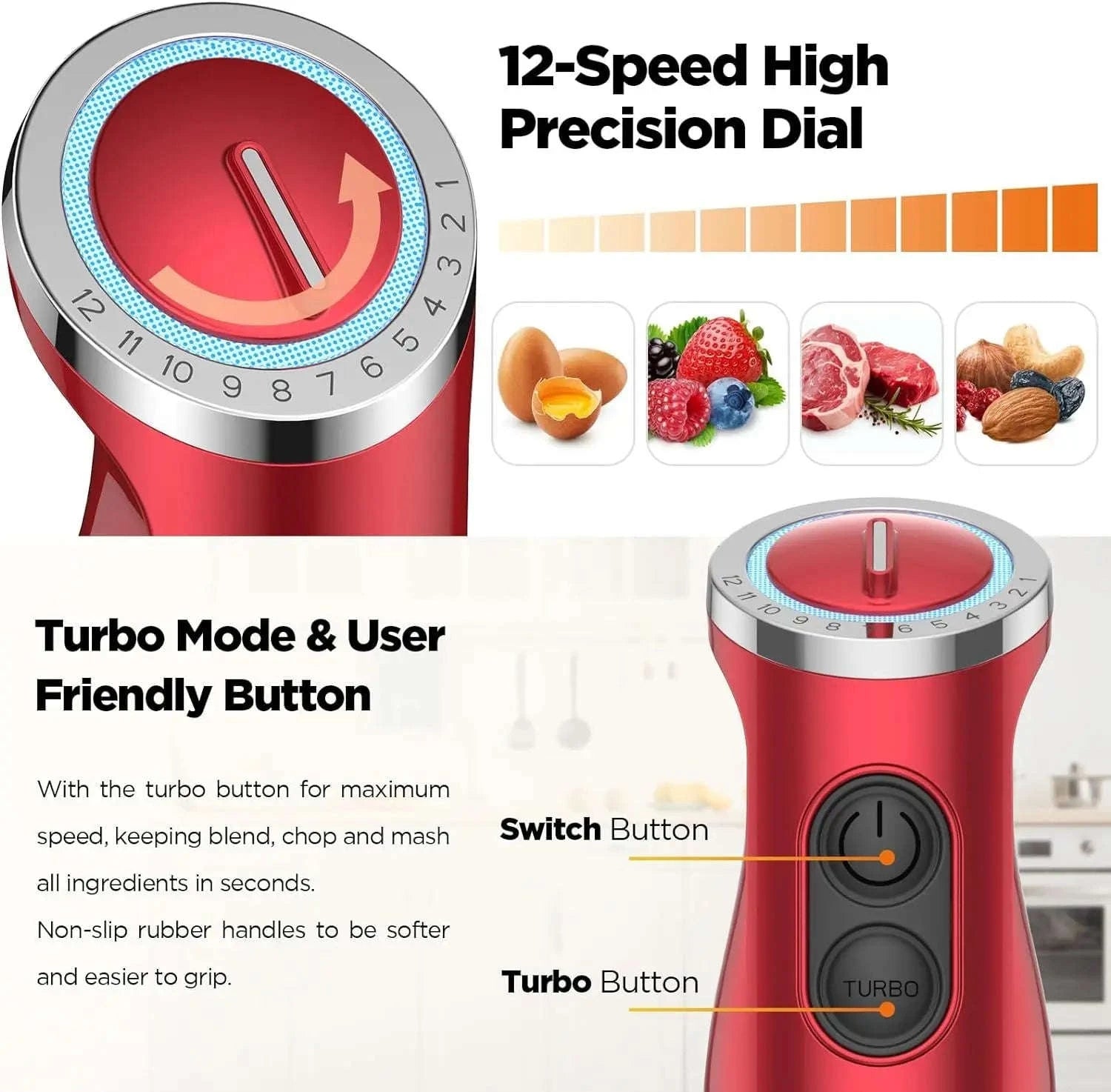 5-in-1 Hand Immersion Blender, 1000W 12 Speed Handheld Blender, Copper Motor Stainless Steel Blade Stick Blender,600ml Mixing Beaker,500ml Food Processor, Whisk, Milk Frother, BPA-Free, Red-Red / United States