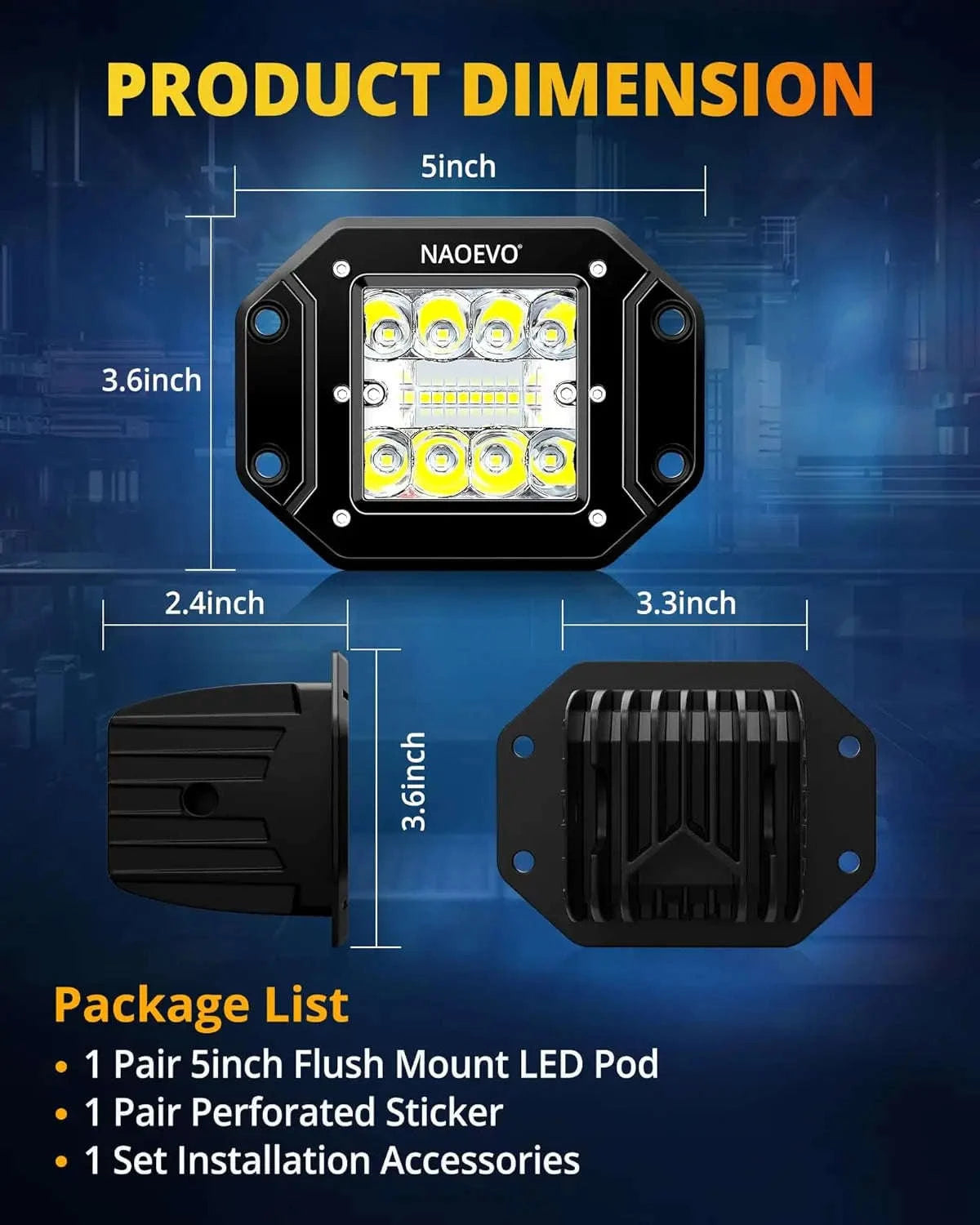 5 Inch Flush Mount LED Pods Lights 40W 4000LM Spot Flood Combo Work Light-YELLOW