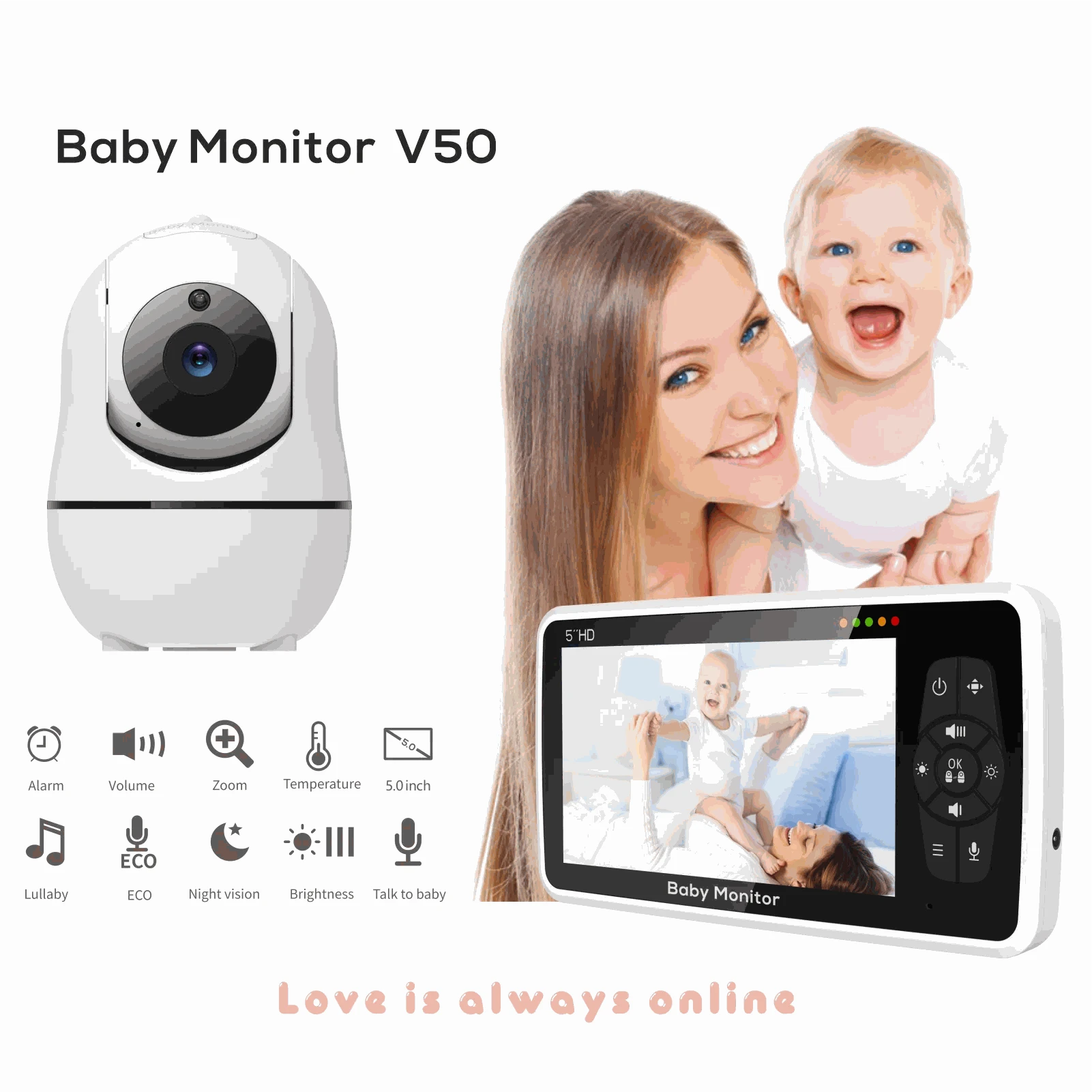 5 Inch HD Video Baby Monitor with 4X Zoom-UK Plug