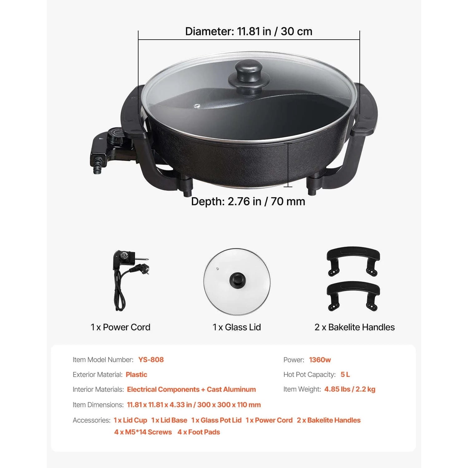 5 L Dual-Flavor Electric Hot Pot with Divider and Glass Lid-5L / United States
