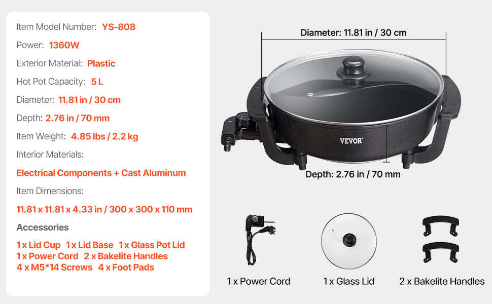 5 L Dual-Flavor Electric Hot Pot with Divider and Glass Lid-5L / United States