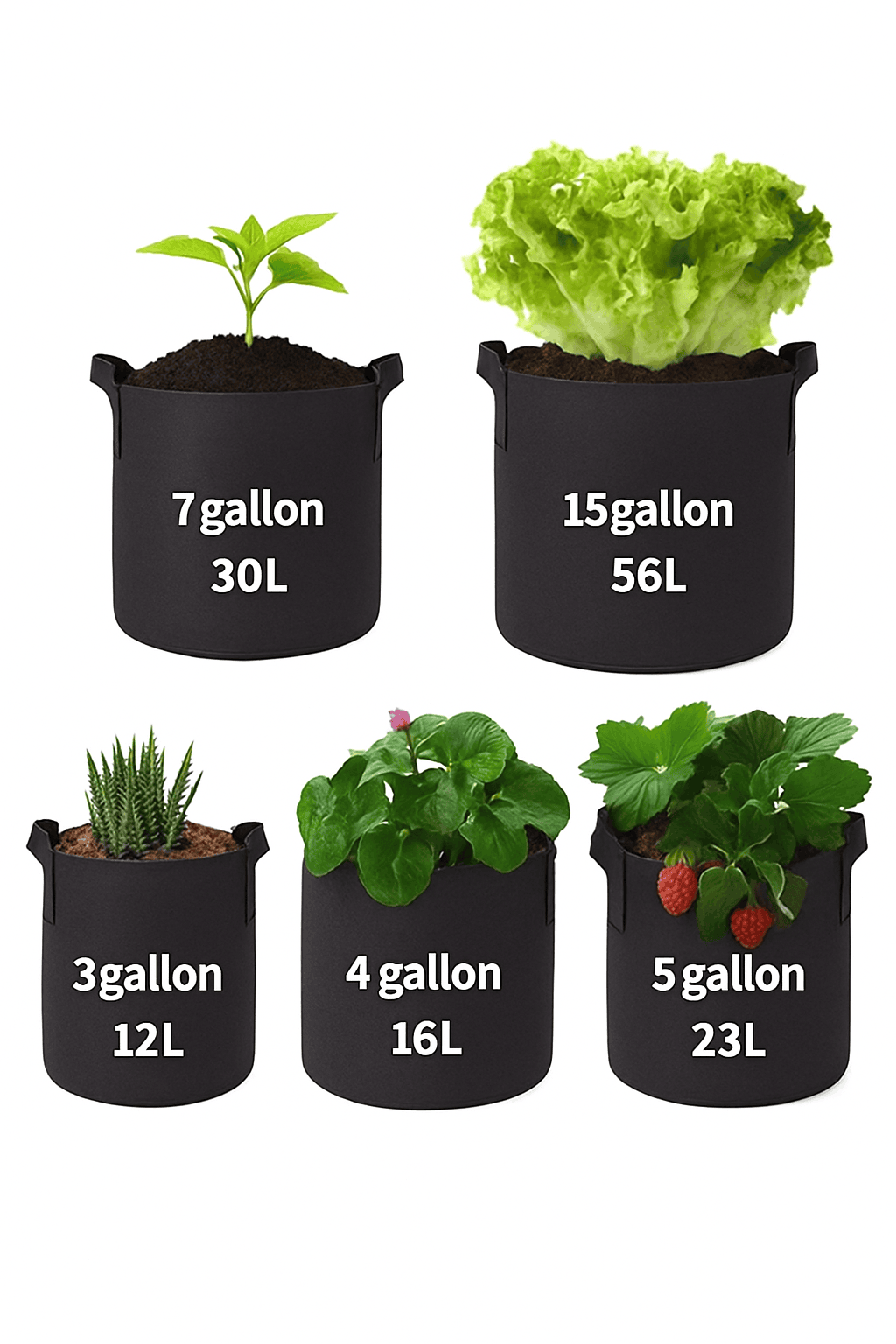 5-Pack Fabric Grow Bags for Vegetables, Flowers & Herbs-30Gallons 60x40cm