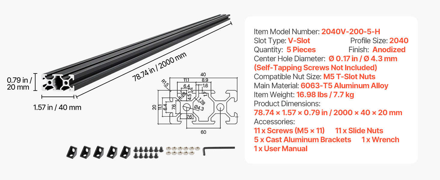 5-Piece 2040 Aluminum Extrusion Profile 2000 mm V-Slot Linear Rail-2000x40x20 mm / United States