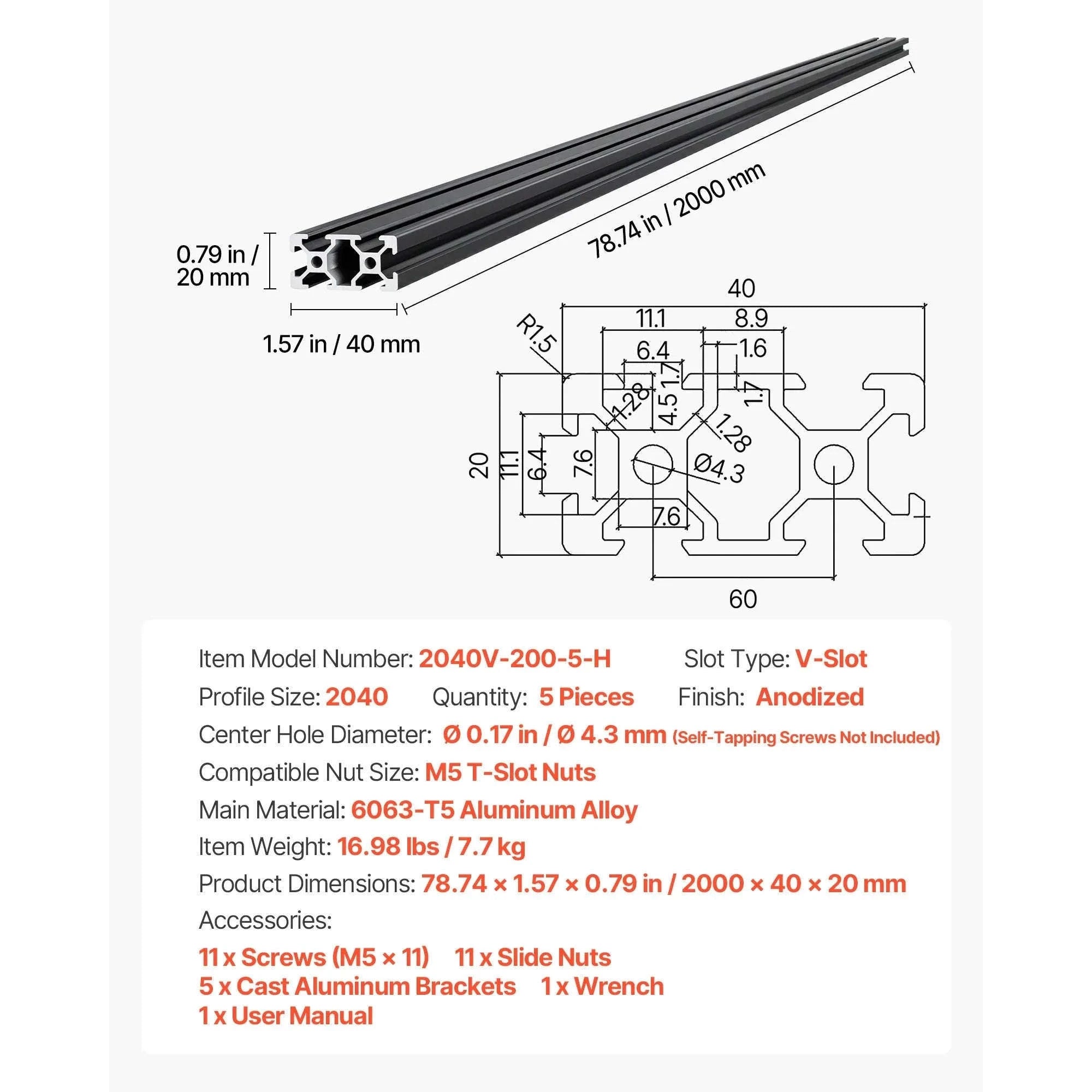 5-Piece 2040 Aluminum Extrusion Profile 2000 mm V-Slot Linear Rail-2000x40x20 mm / United States