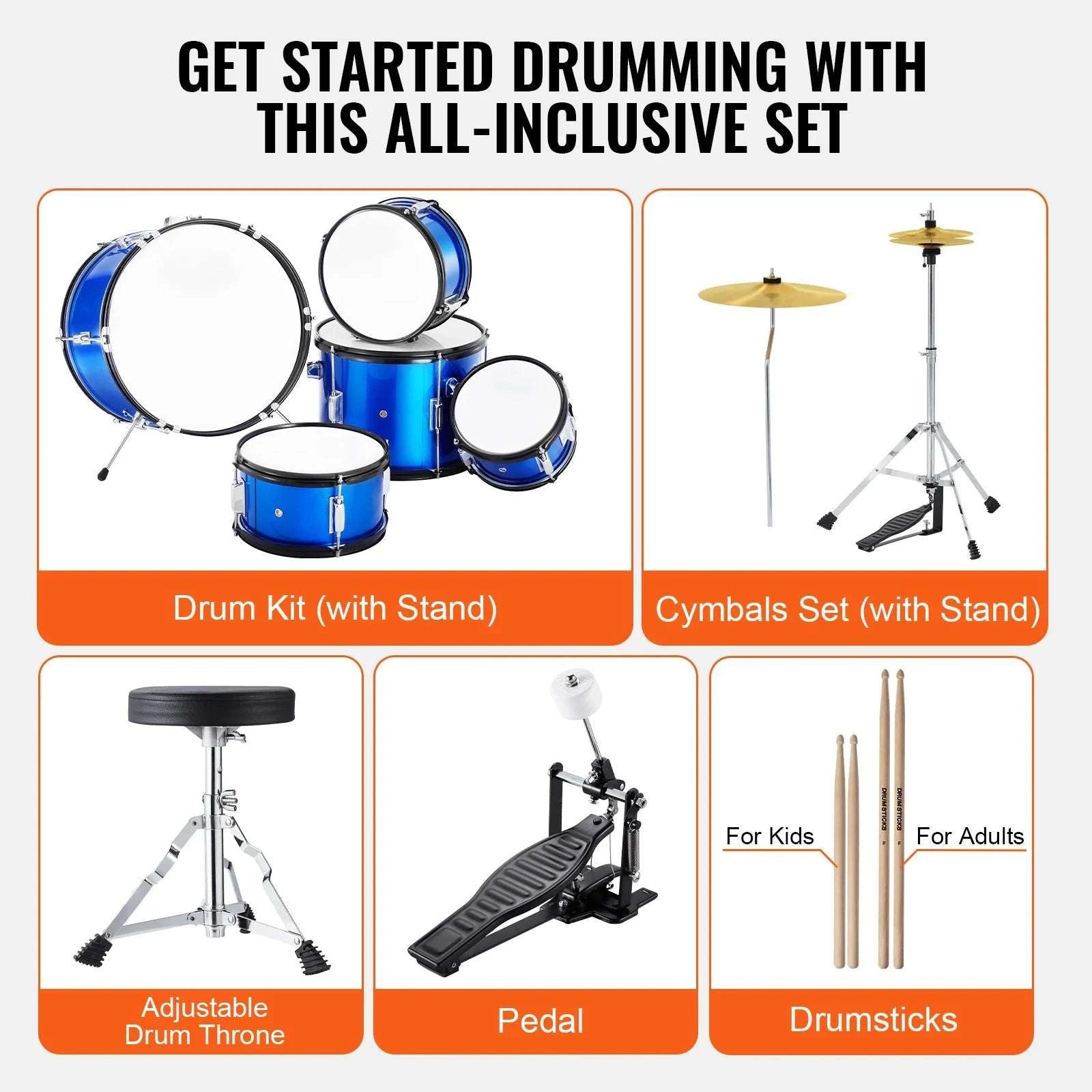5-Piece Kids Drum Set 16'' Beginner Kit with Bass, Snare & Toms-Black / United States