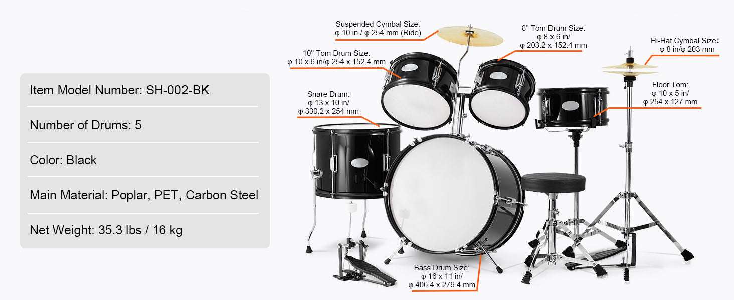 5-Piece Kids Drum Set 16'' Beginner Kit with Bass, Snare & Toms-Black / United States