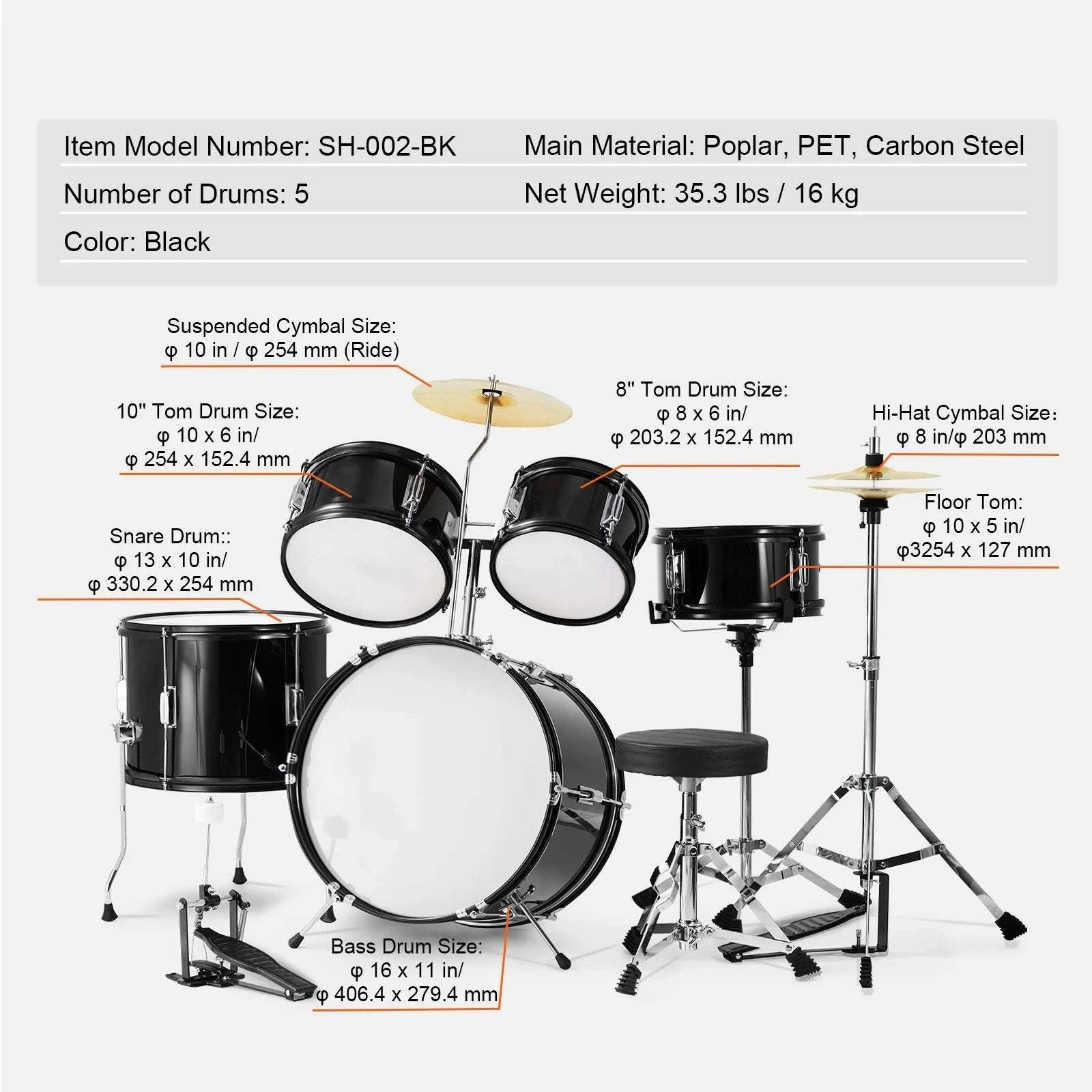 5-Piece Kids Drum Set 16'' Beginner Kit with Bass, Snare & Toms-Black / United States
