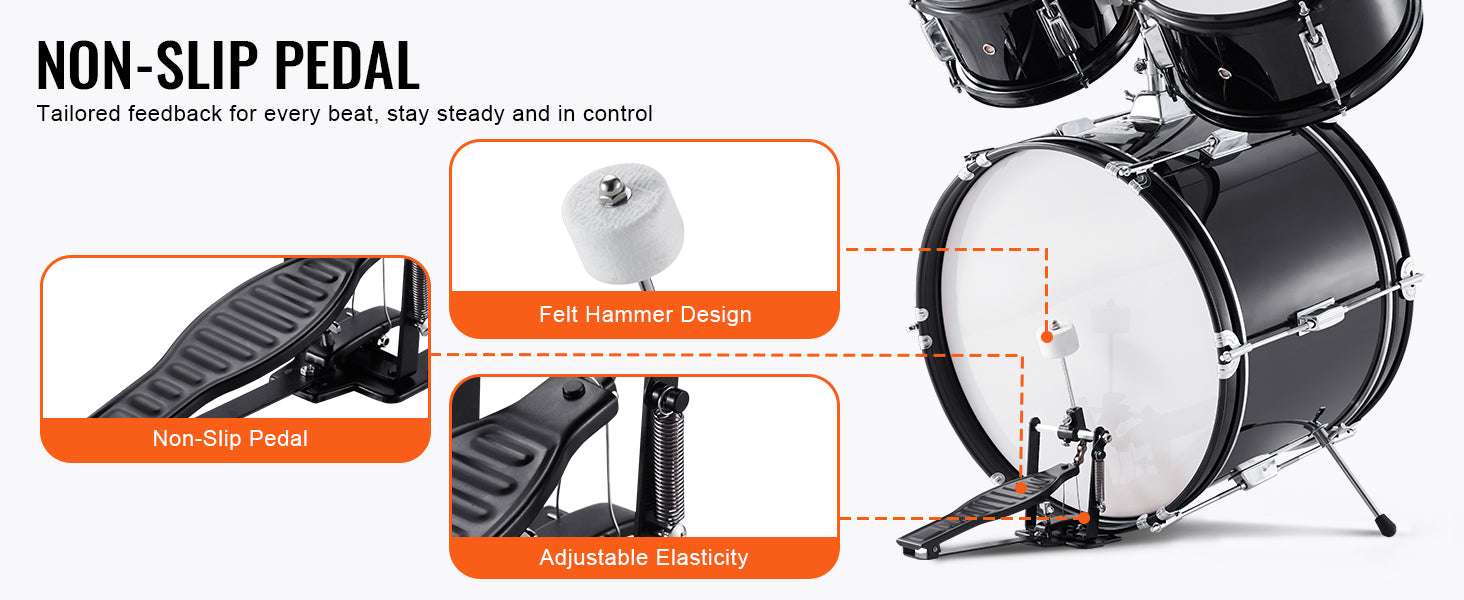 5-Piece Kids Drum Set 16'' Beginner Kit with Bass, Snare & Toms-Black / United States