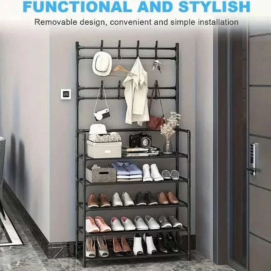 5-Tier Entryway Storage Rack with Coat Hooks & Double Shoe Shelves-WHITE / United States