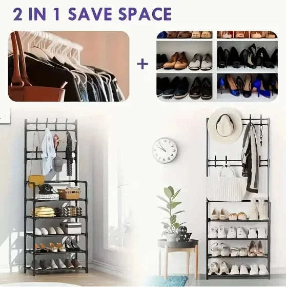 5-Tier Entryway Storage Rack with Coat Hooks & Double Shoe Shelves-WHITE / United States