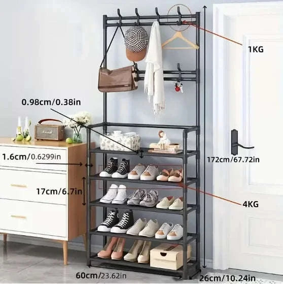 5-Tier Entryway Storage Rack with Coat Hooks & Double Shoe Shelves-WHITE / United States