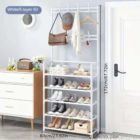 5-Tier Entryway Storage Rack with Coat Hooks & Double Shoe Shelves-WHITE / United States