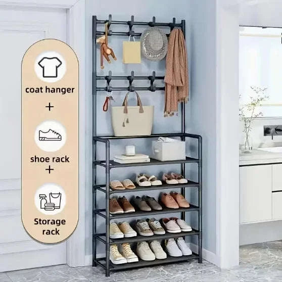 5-Tier Entryway Storage Rack with Coat Hooks & Double Shoe Shelves-WHITE / United States