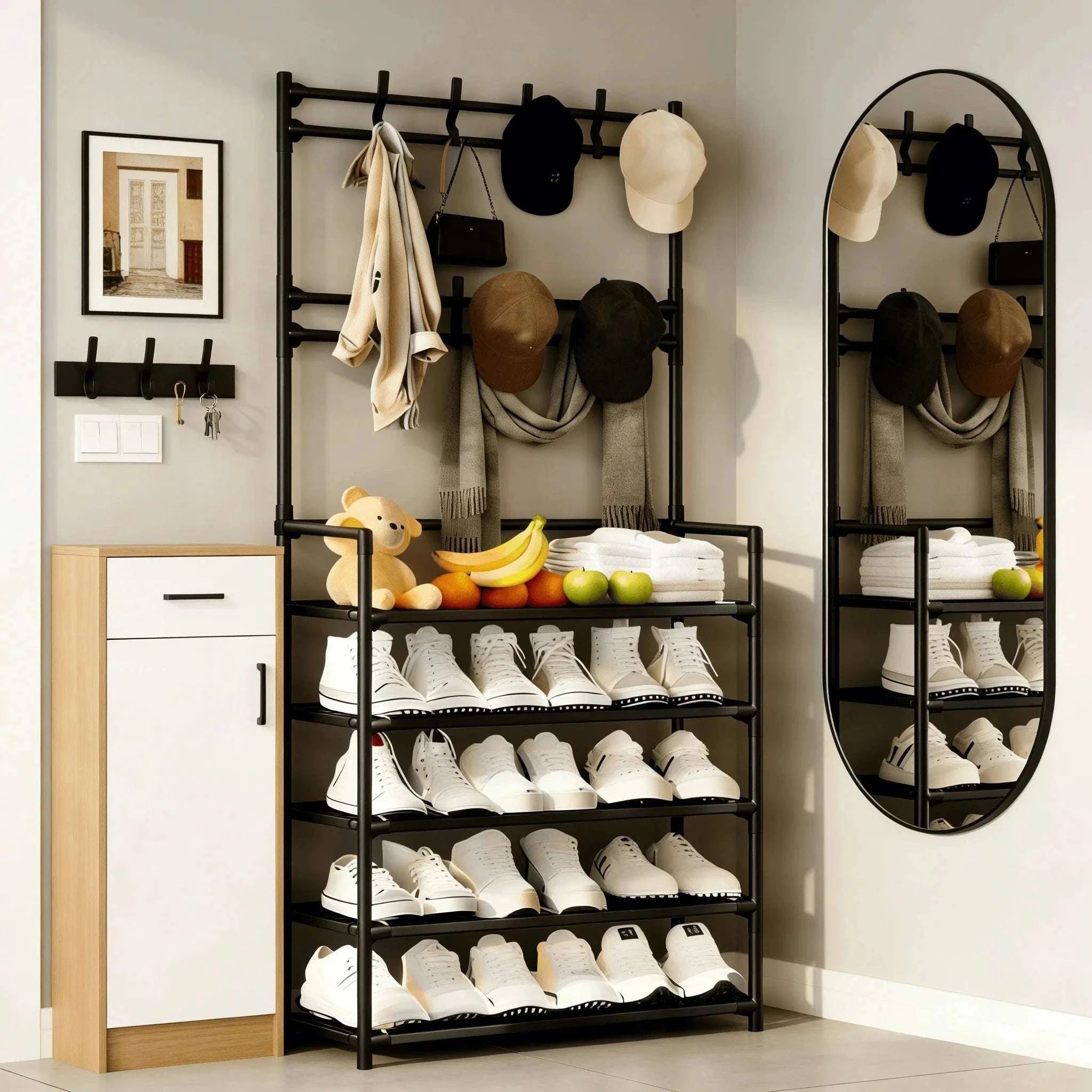 5-Tier Entryway Storage Rack with Coat Hooks & Double Shoe Shelves-WHITE / United States