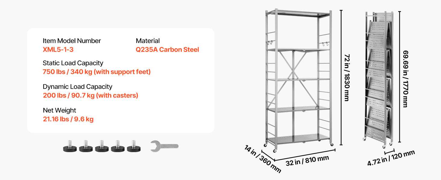 5-Tier Foldable Storage Shelf with Wheels Heavy Duty Rack 32x14x72-Grey / United States