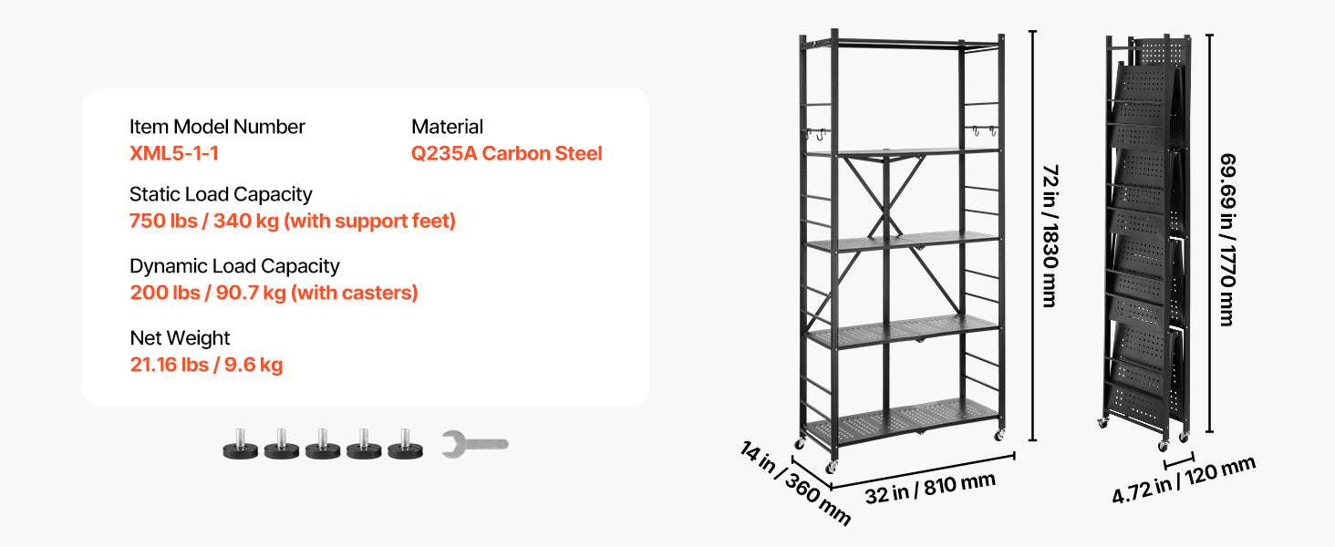 5-Tier Foldable Storage Shelf with Wheels Heavy Duty Rack 32x14x72-Grey / United States