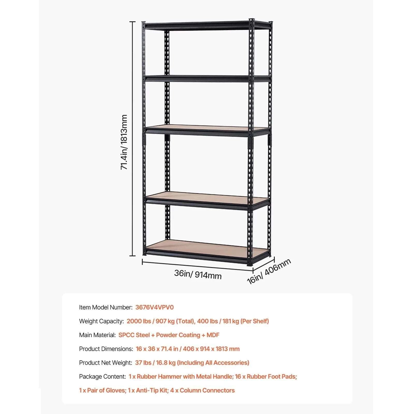 5-Tier Metal Garage Shelving Unit 2000 lbs Capacity Adjustable Rack-16 x 36 x 72 in / spain