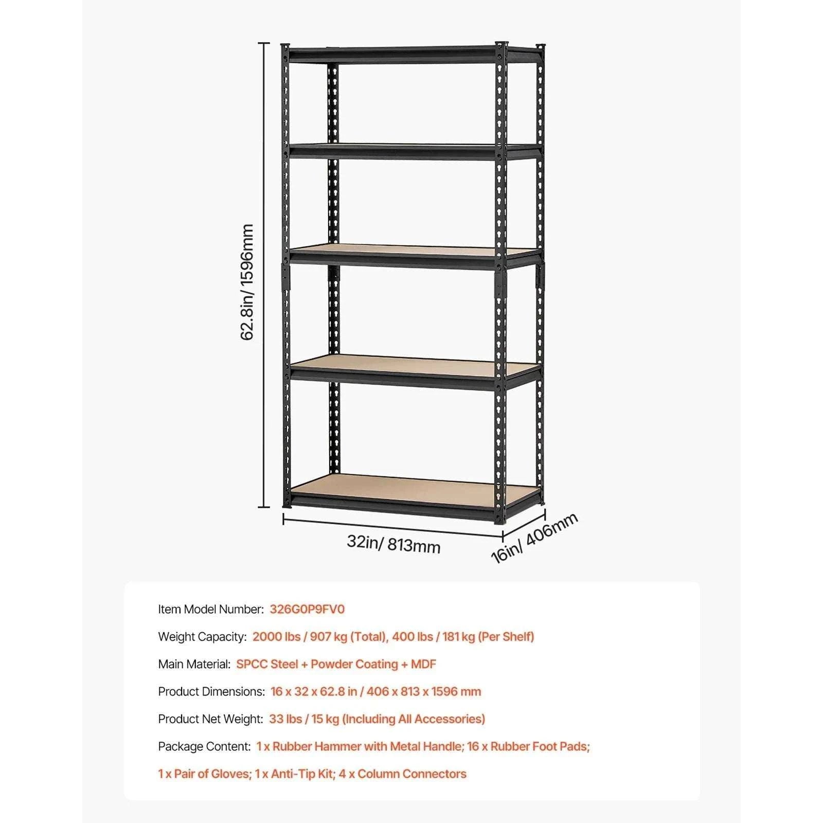 5-Tier Metal Garage Shelving Unit 2000 lbs Capacity Adjustable Rack-16 x 36 x 72 in / spain
