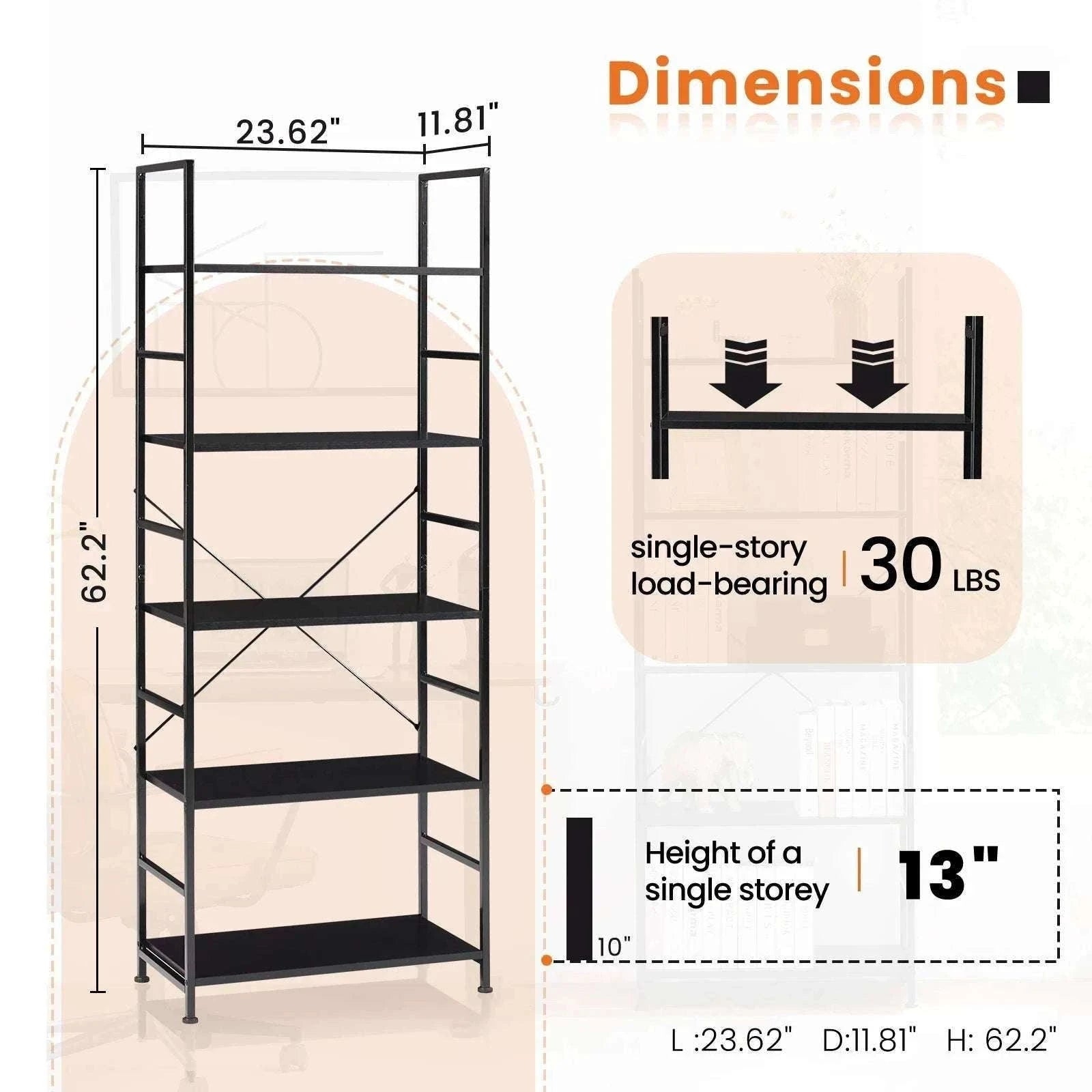 5 Tier Narrow Bookcase Storage Shelf for Home Office Living Room-Chocolate / GERMANY