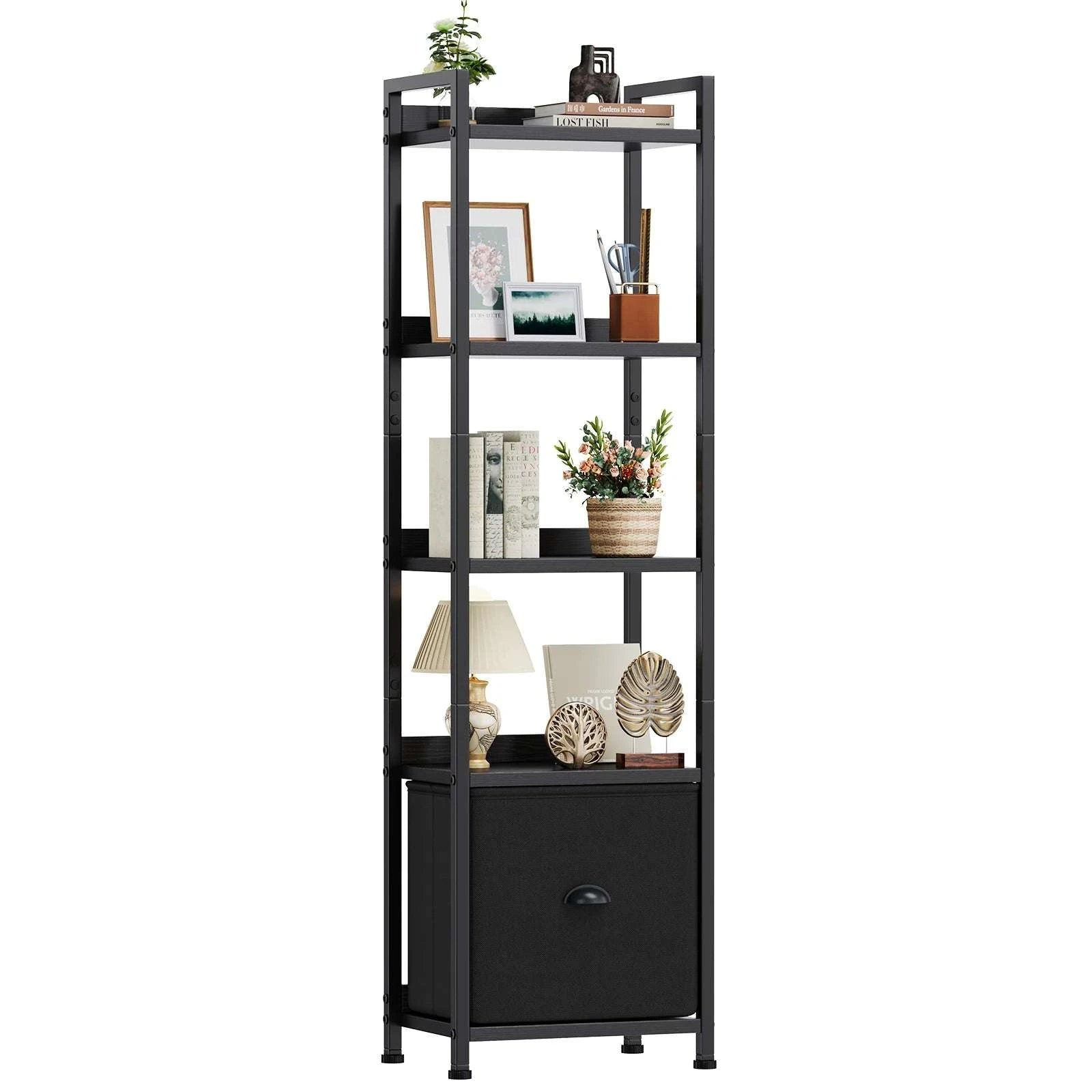5 Tier Wood Bookshelf with Fabric Drawer Storage Organizer Shelf-Brown / United States