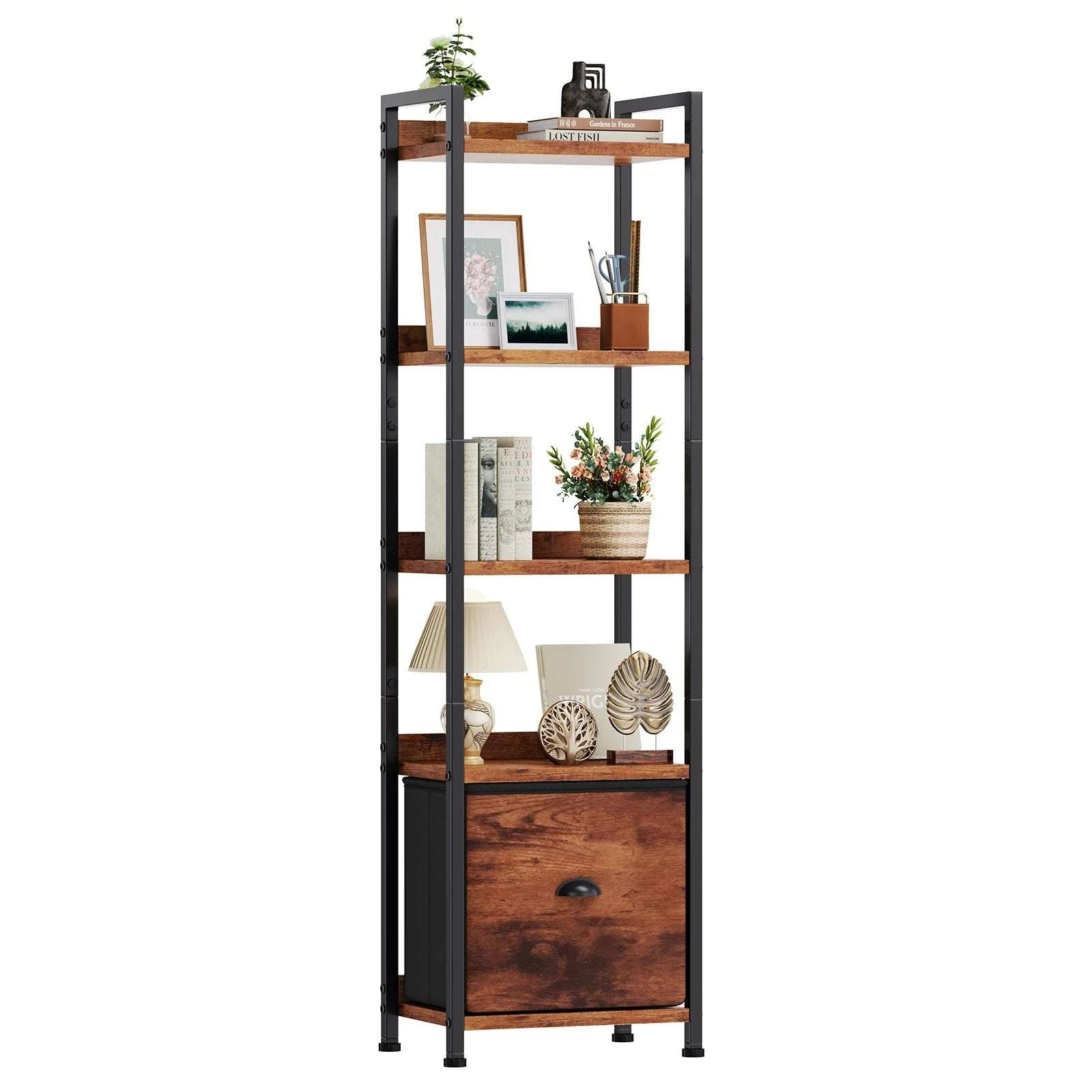 5 Tier Wood Bookshelf with Fabric Drawer Storage Organizer Shelf-Brown / United States
