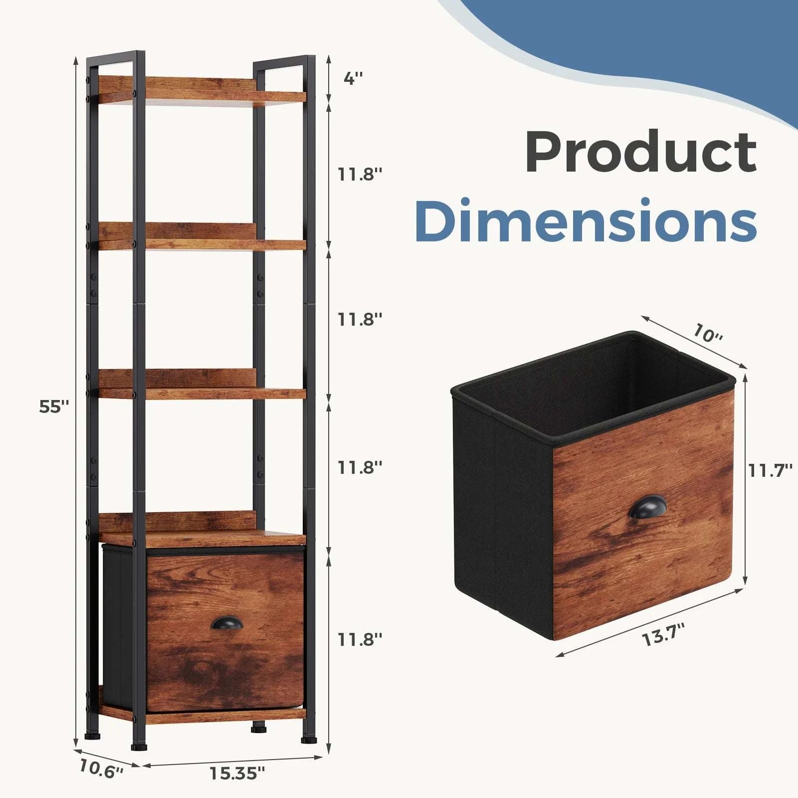 5 Tier Wood Bookshelf with Fabric Drawer Storage Organizer Shelf-Brown / United States