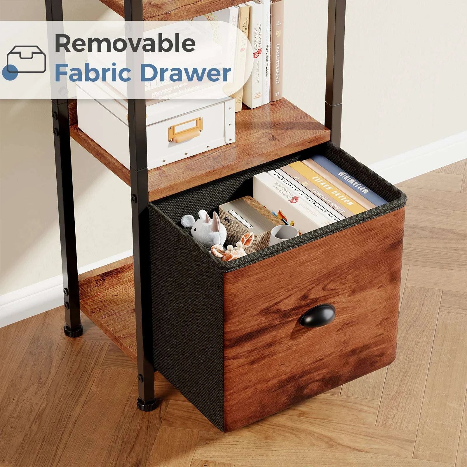 5 Tier Wood Bookshelf with Fabric Drawer Storage Organizer Shelf-Brown / United States