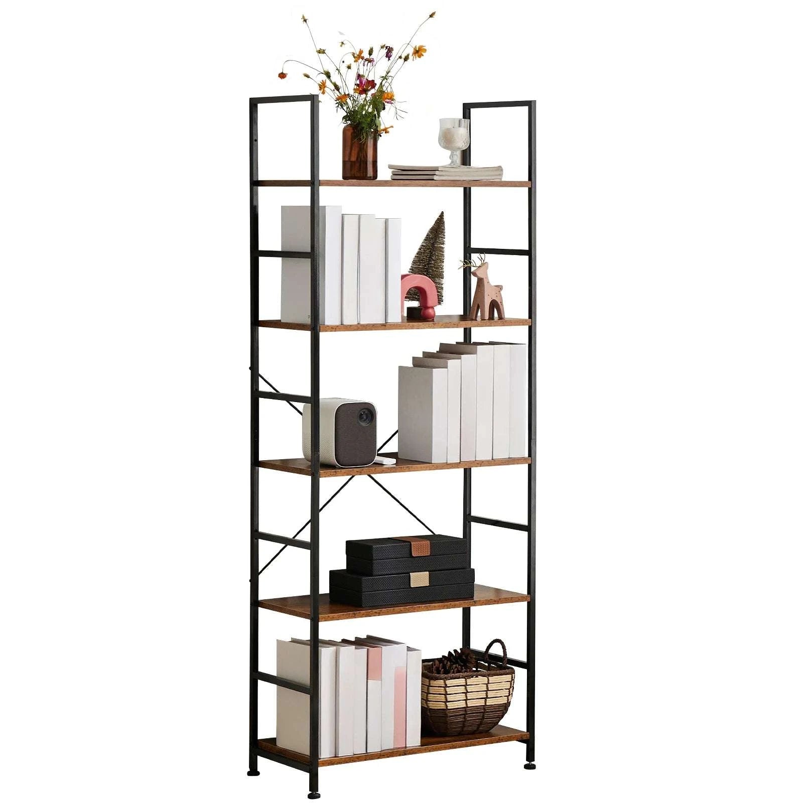 5 Tier Wooden Bookshelf with Metal Frame Tall Storage Display-Rust / United States