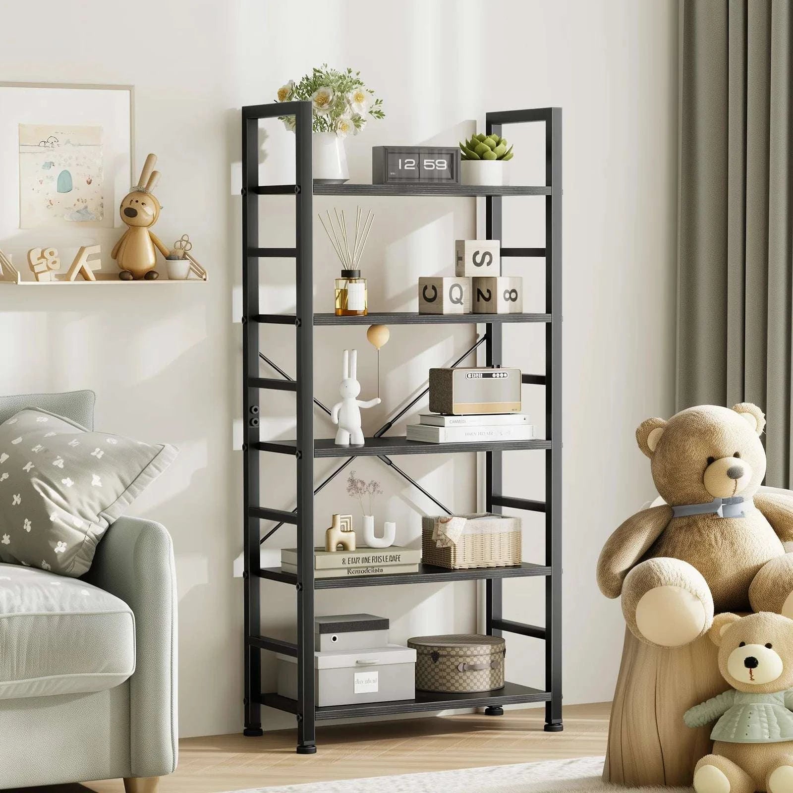 5 Tier Wooden Bookshelf with Metal Frame Tall Storage Display-Rust / United States