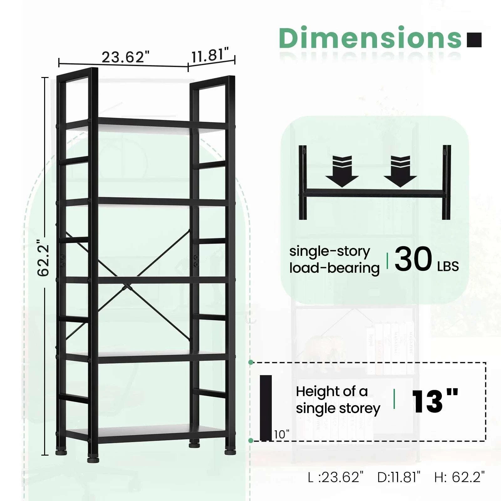 5 Tier Wooden Bookshelf with Metal Frame Tall Storage Display-Rust / United States