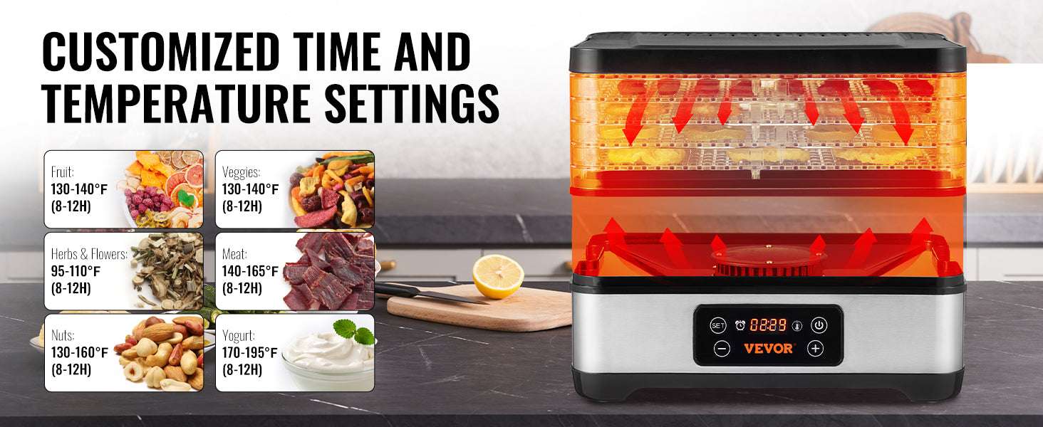 5-Tray Food Dehydrator with Timer & Temperature Control 300W-United States