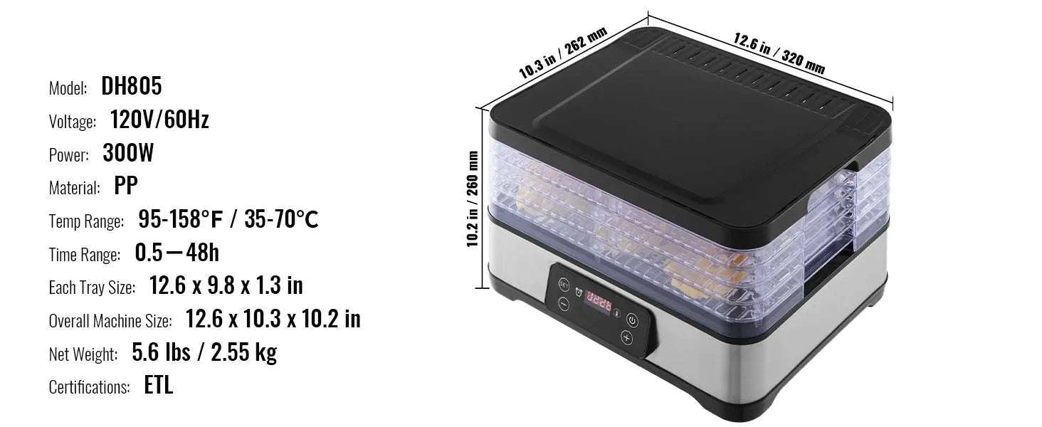 5-Tray Food Dehydrator with Timer & Temperature Control 300W-United States
