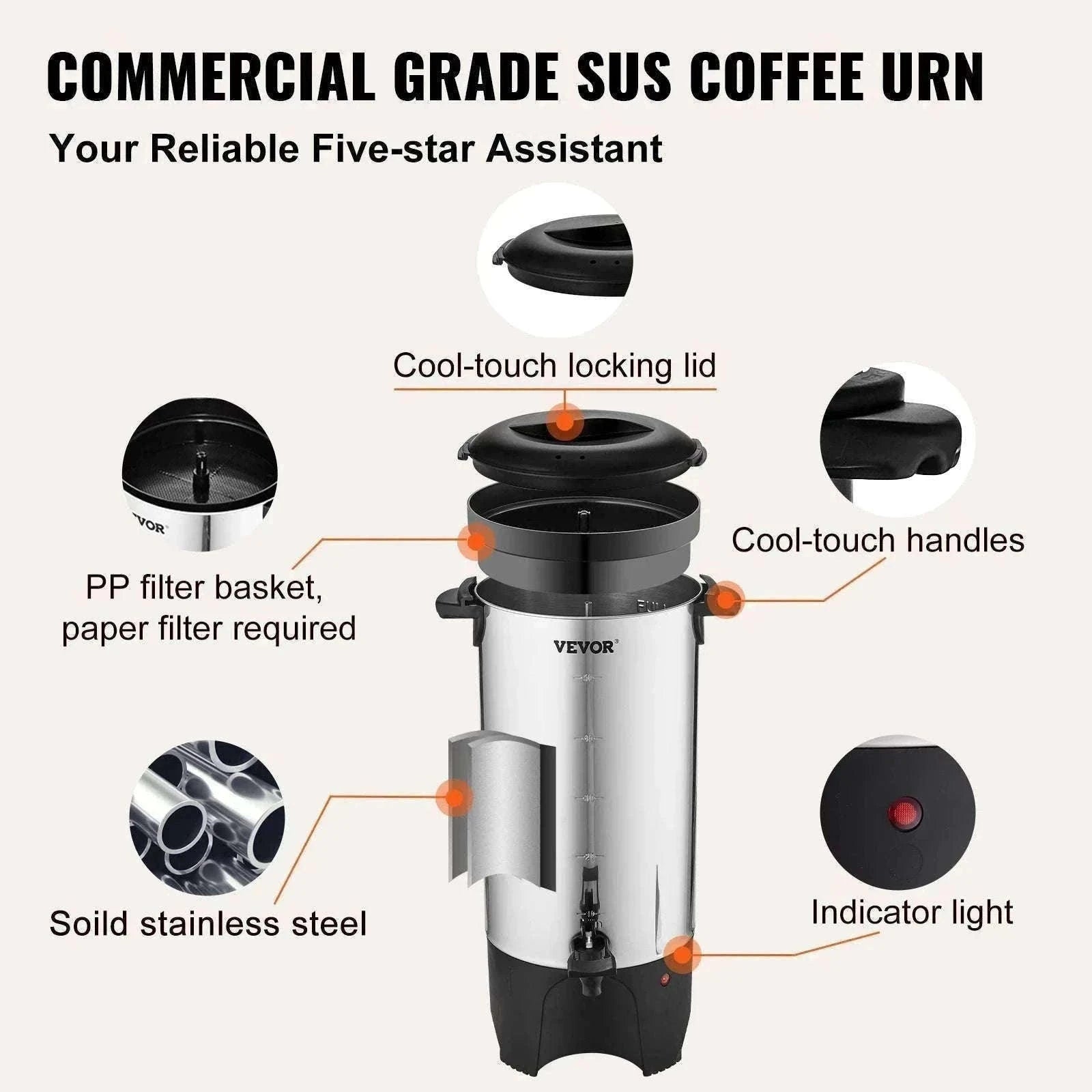 50-Cup Commercial Coffee Urn Stainless Steel Electric Coffee Maker-United States