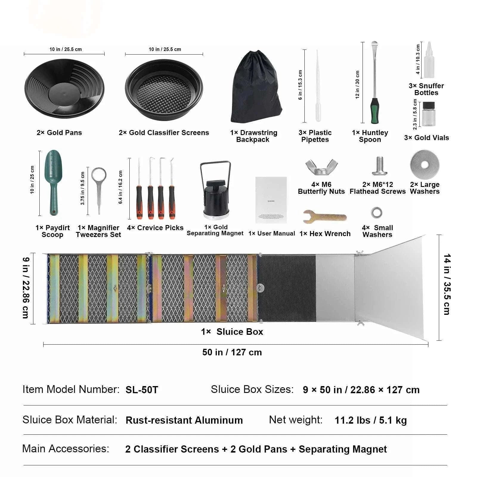 50" Gold Panning Kit with Sluice Box & 23 Tools for Prospecting-12in 16PCs / spain