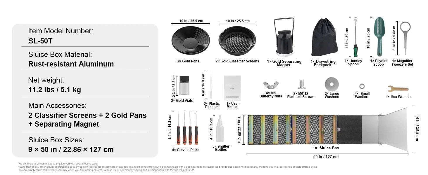 50" Gold Panning Kit with Sluice Box & 23 Tools for Prospecting-12in 16PCs / spain
