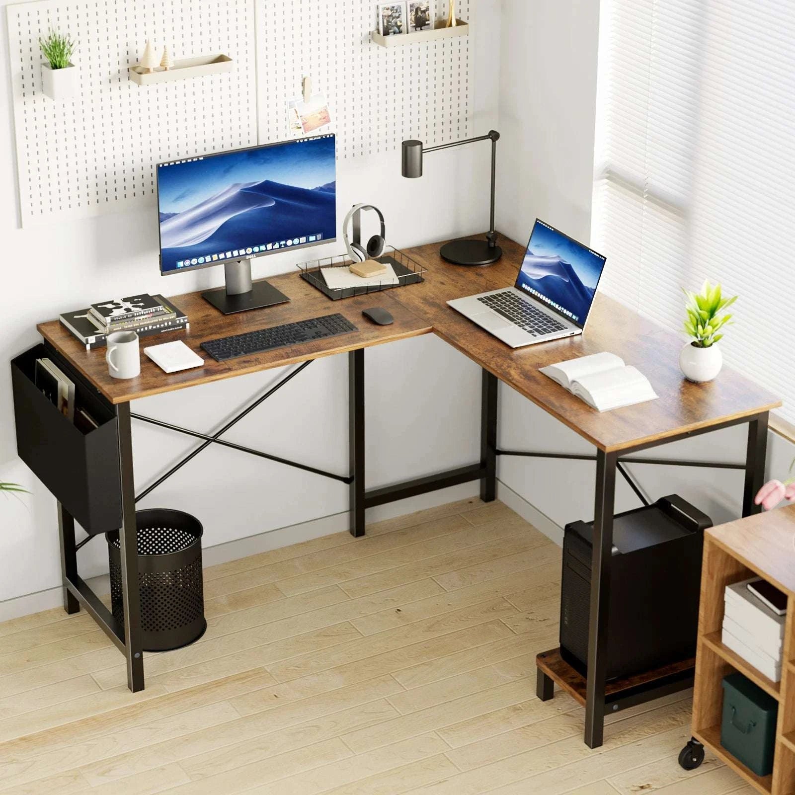 50 Inch L-Shaped Corner Desk with CPU Shelf & Storage Bag-Black / United States