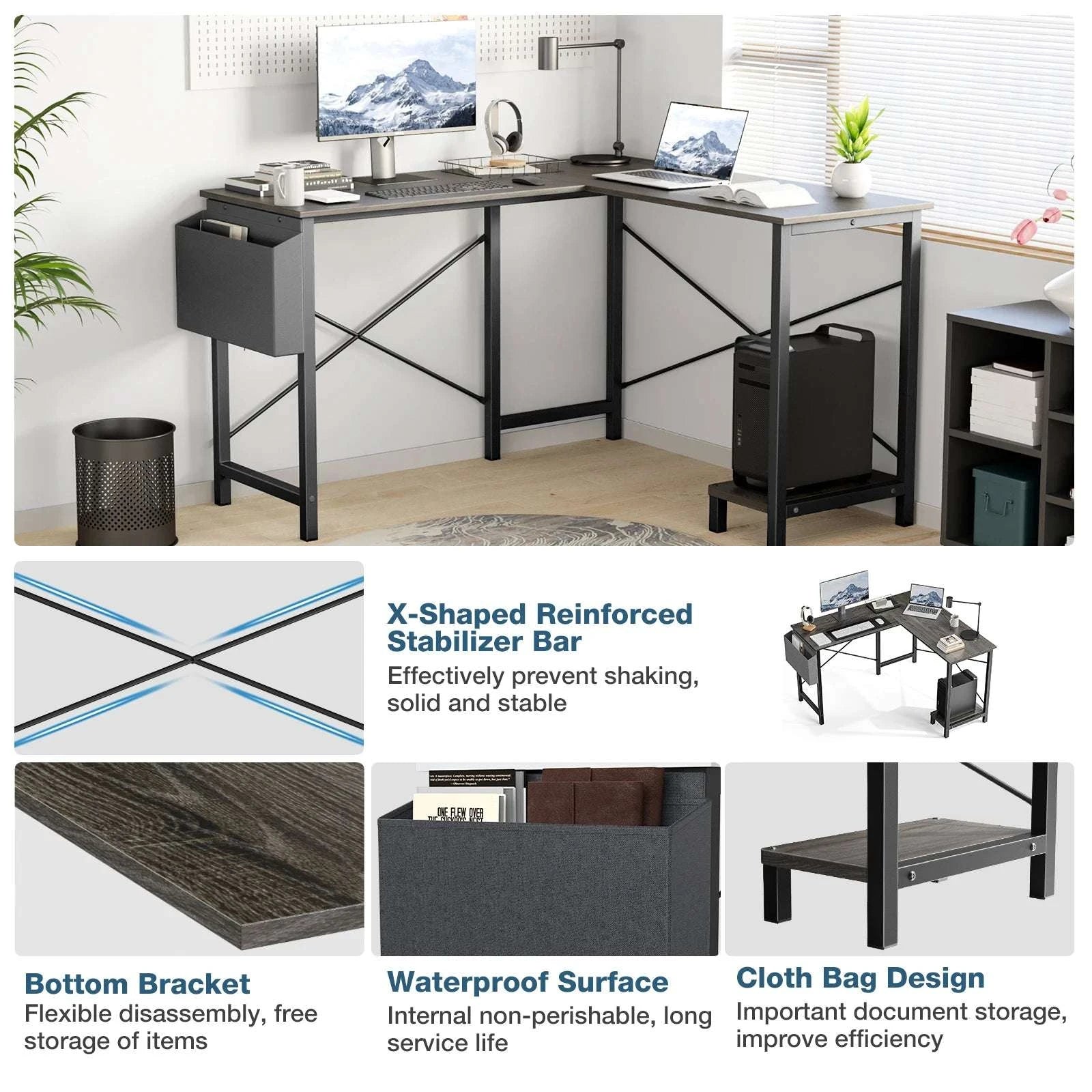 50 Inch L-Shaped Corner Desk with CPU Shelf & Storage Bag-Black / United States