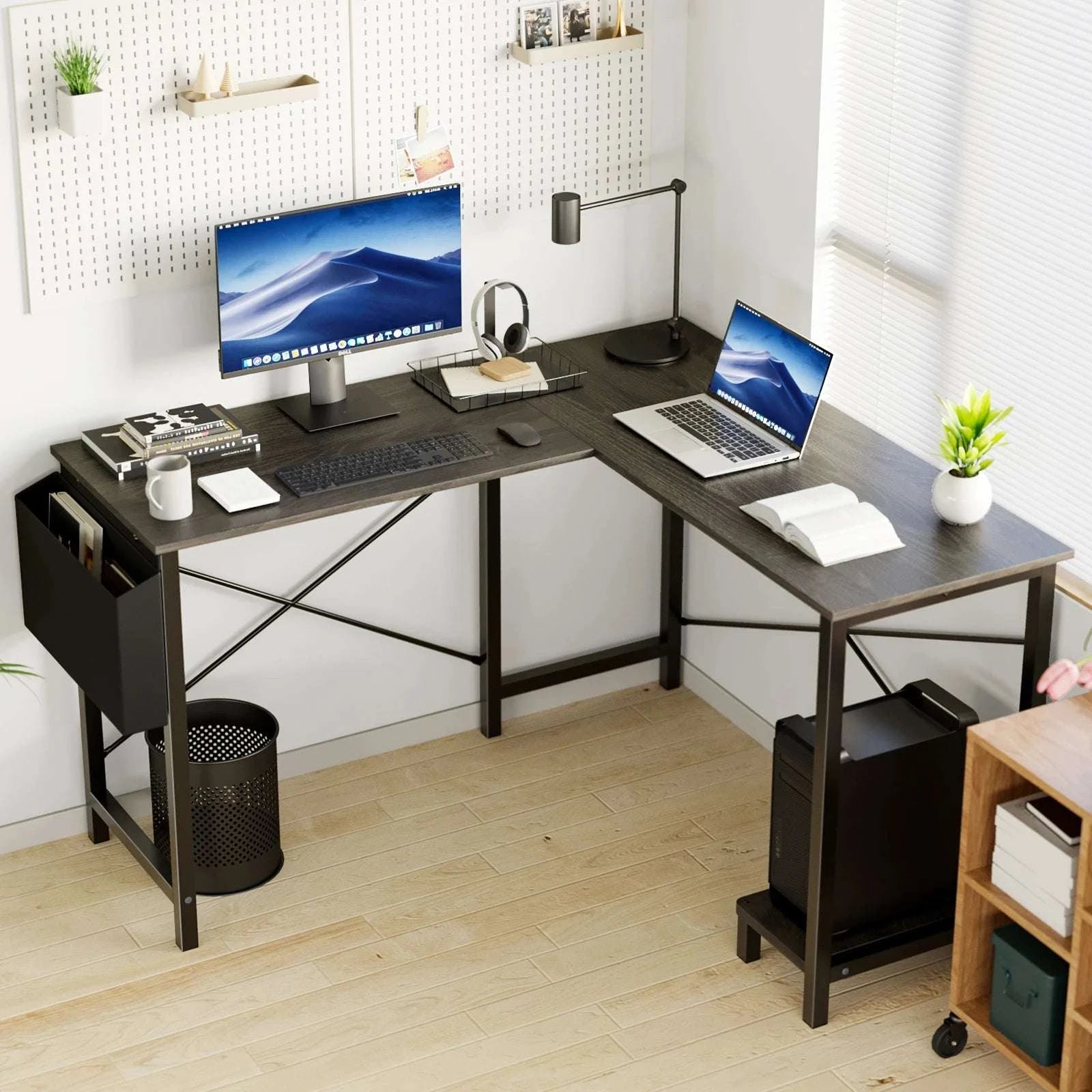 50 Inch L-Shaped Corner Desk with CPU Shelf & Storage Bag-Black / United States