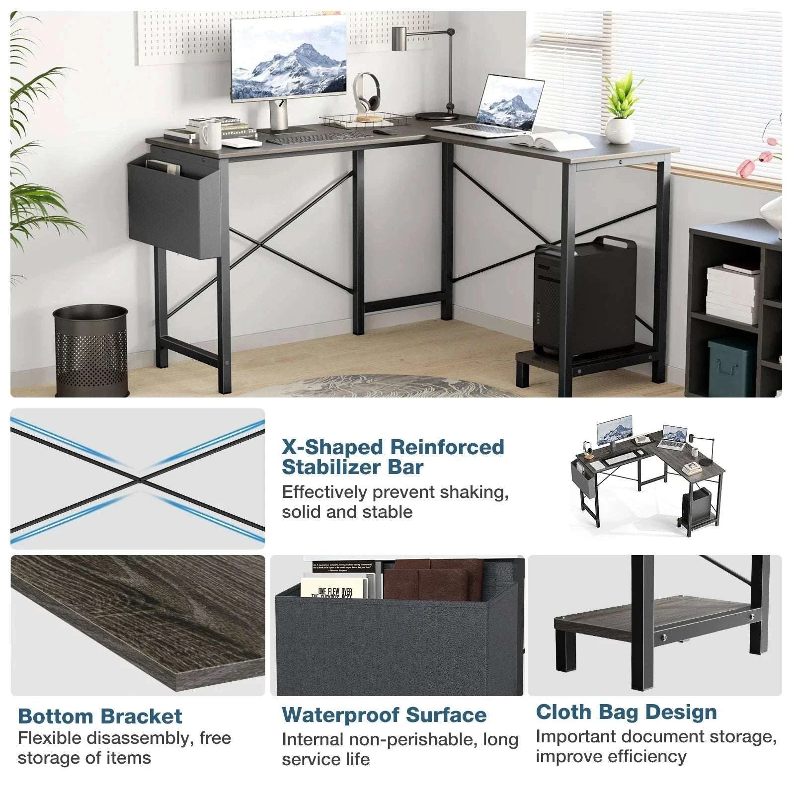 50 Inch L-Shaped Corner Desk with CPU Shelf & Storage Bag-Black / United States