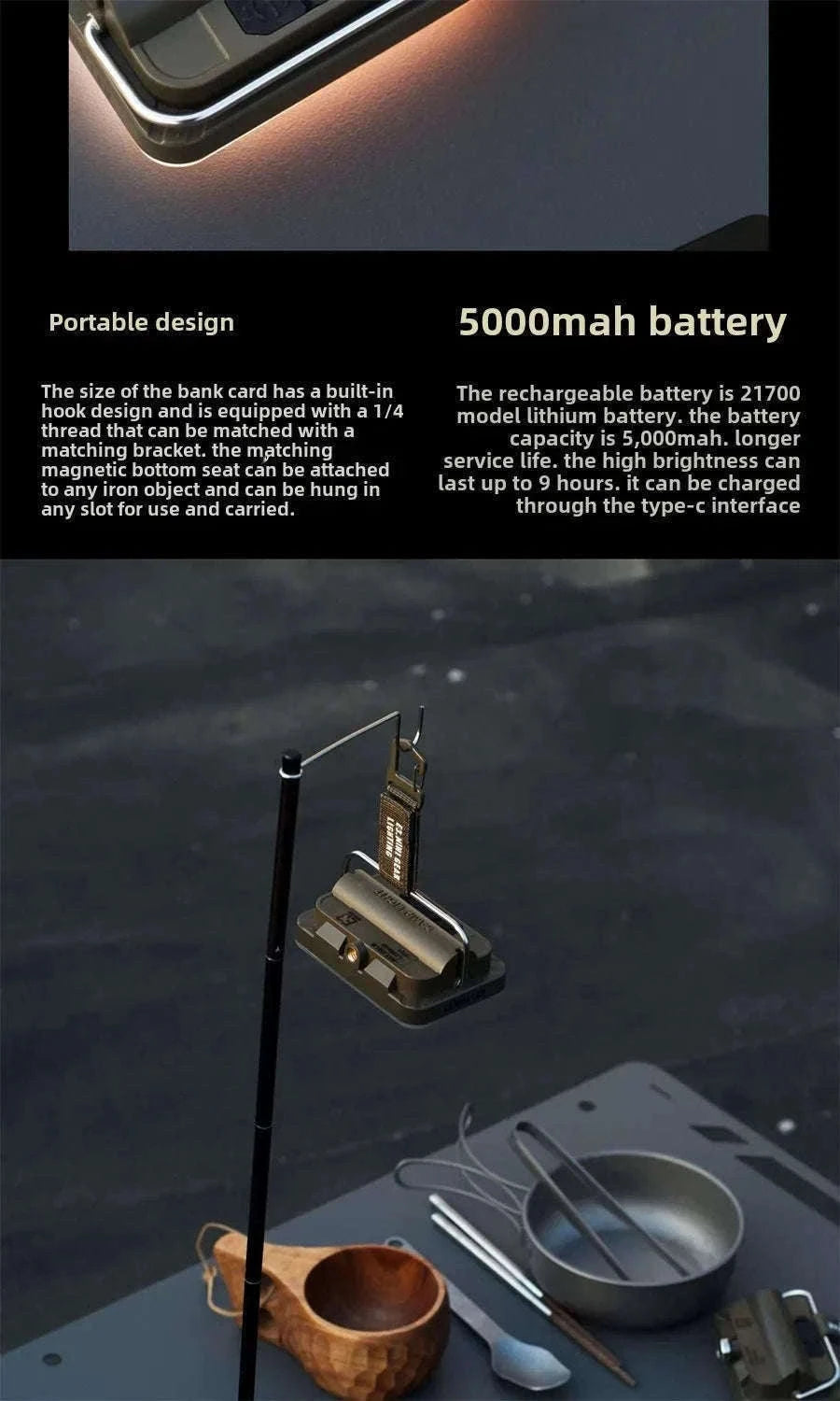 5000mAh LED Camping Tent Light Rechargeable Waterproof Portable Hanging Lamp-E3mini khaki
