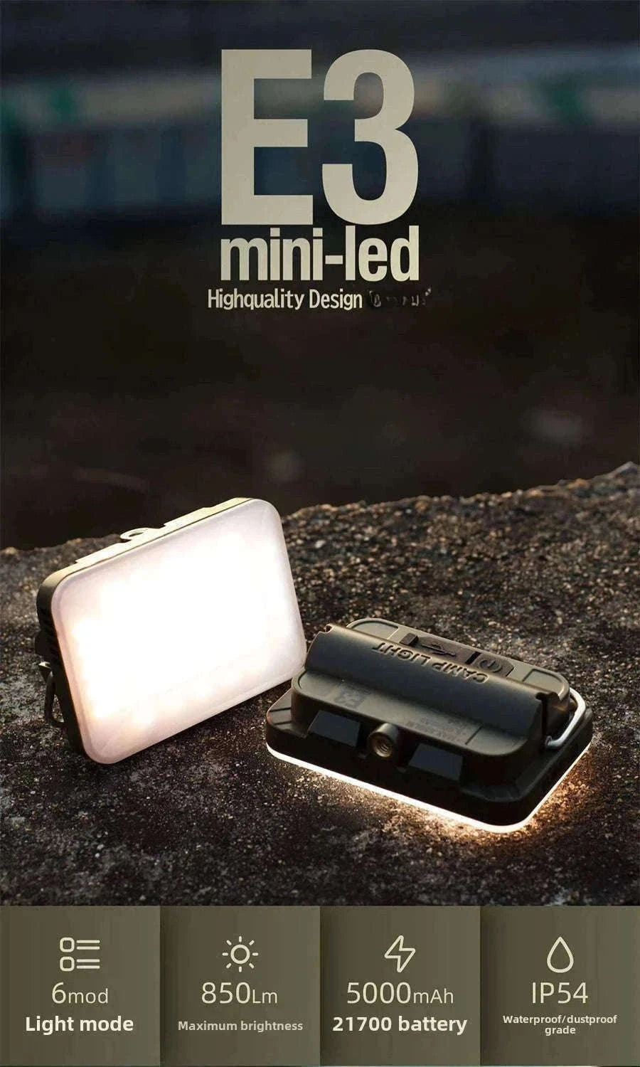 5000mAh LED Camping Tent Light Rechargeable Waterproof Portable Hanging Night Lamp-E3mini khaki / China Mainland