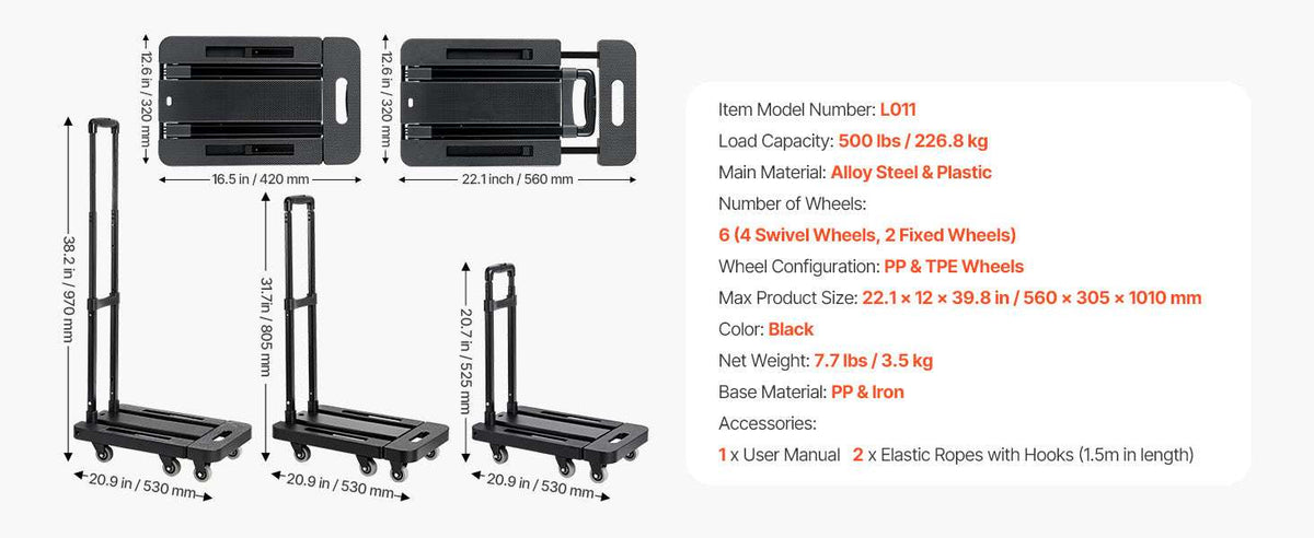 500LB Folding Hand Truck with Expandable Base and 6 Wheels-500lbs / spain