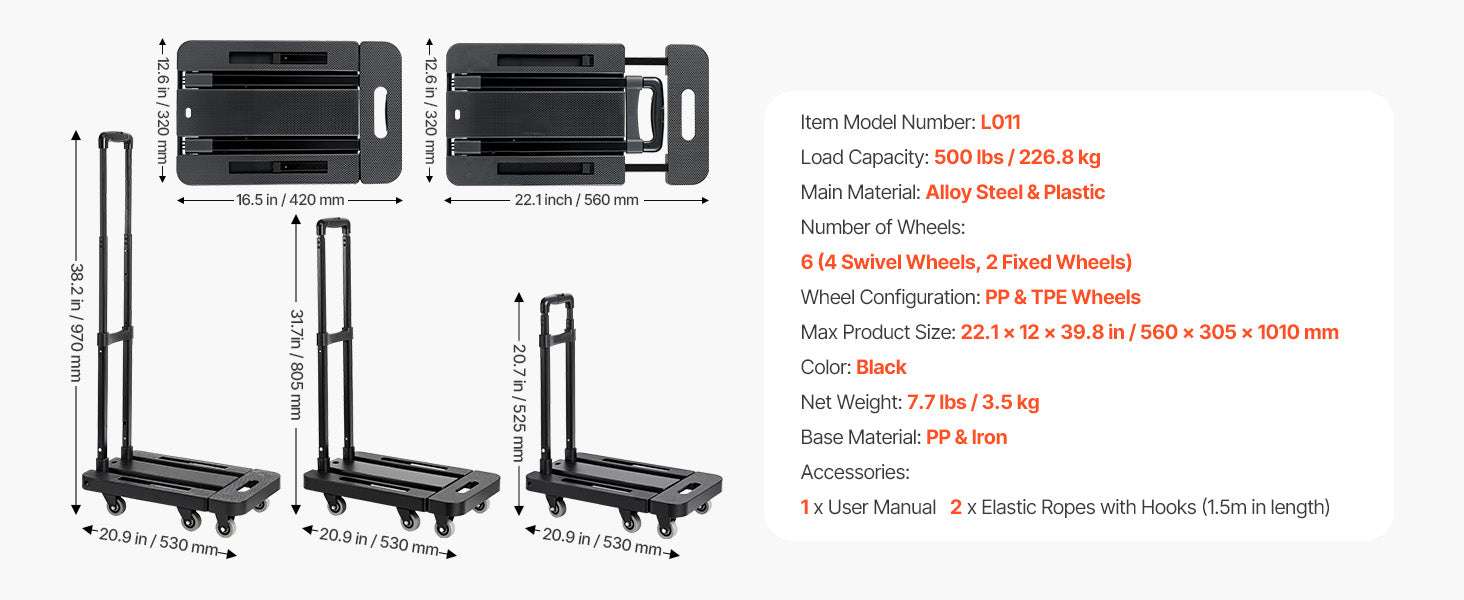 500LB Folding Hand Truck with Expandable Base and 6 Wheels-500lbs / spain
